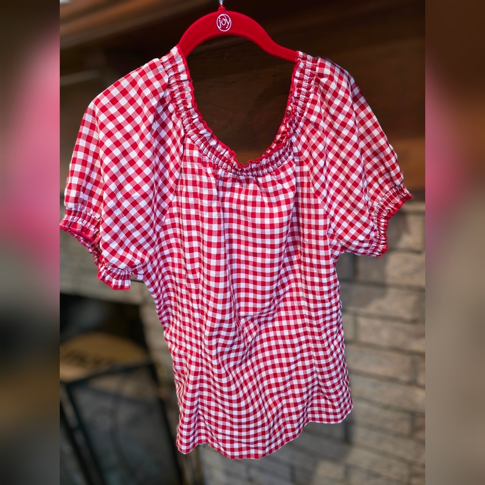 Belle Poque Red Gingham Smocked Neck Peasant Blouse - Picture 4 of 6